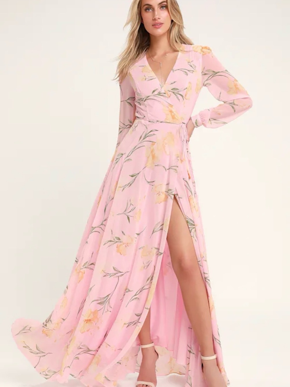 NWT Lulu's Blush Pink Floral Wrap Maxi Dress